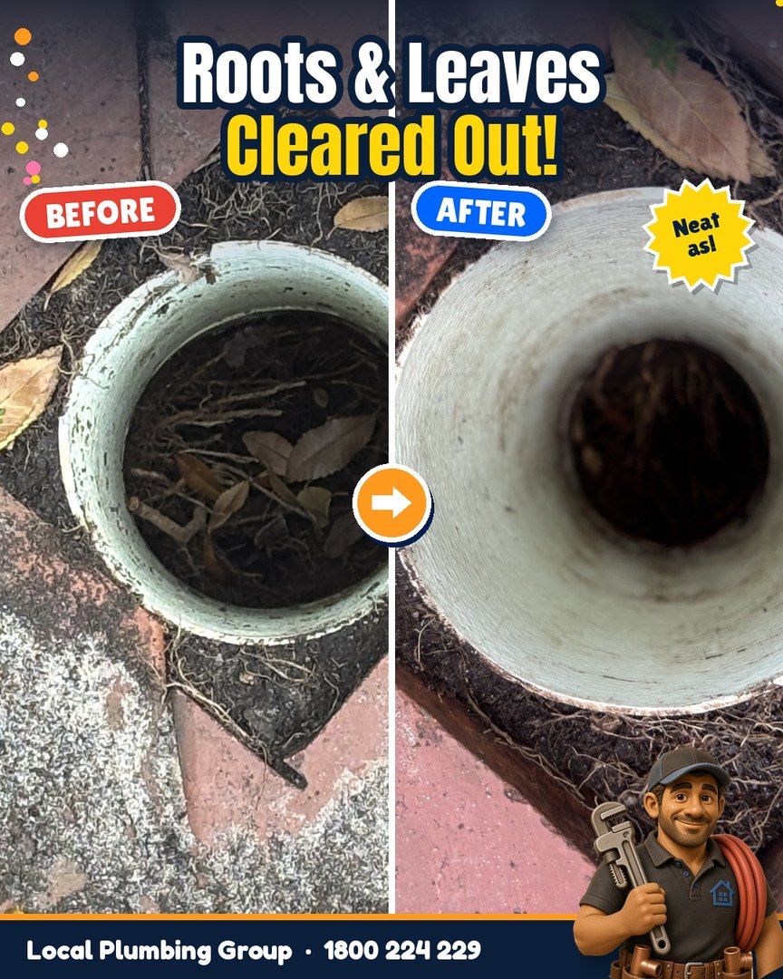 Before and after: Inspection shaft packed with roots and leaves, cleared out