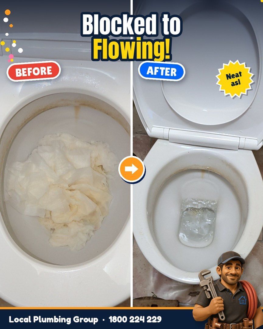 Before and after: Toilet blocked with paper, flowing clear