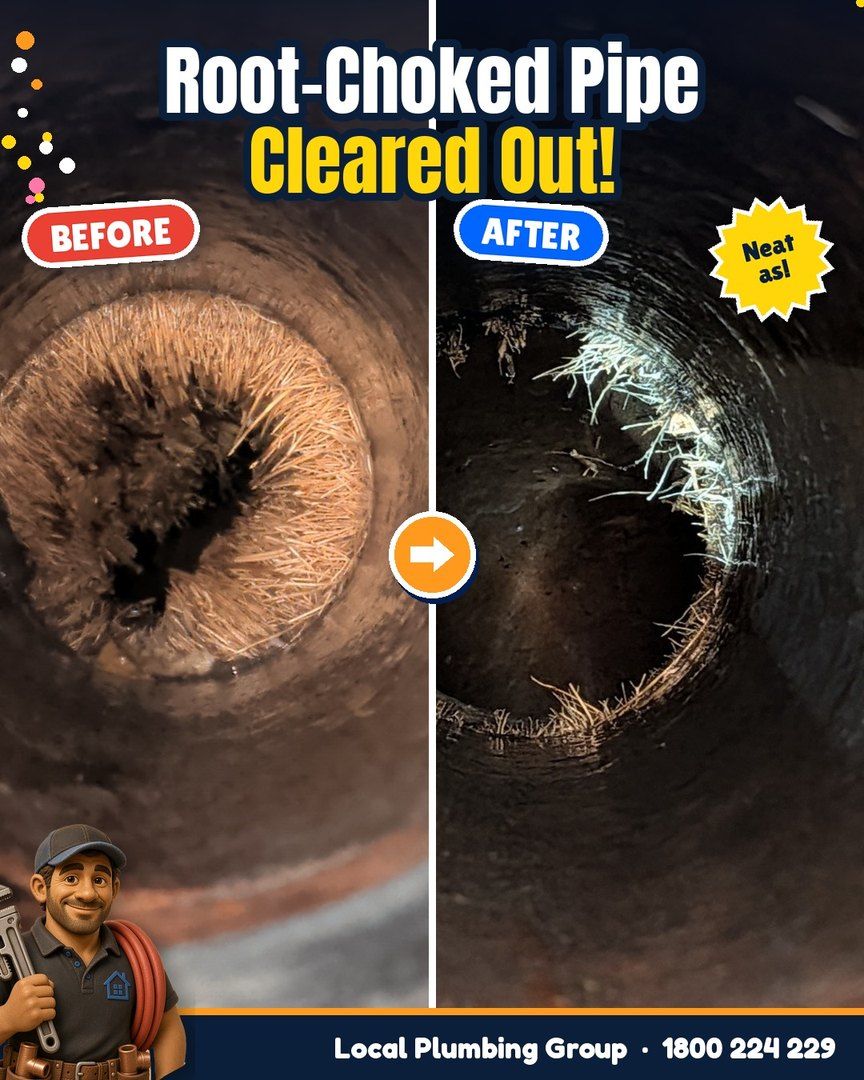 Before and after: CCTV camera view inside a pipe choked with tree roots, then cleared