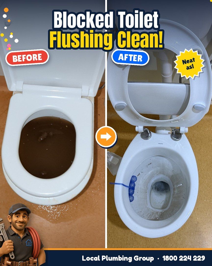 Before and after: toilet full of brown water in Geelong, flushing clean