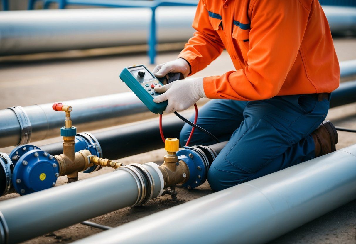 Person in orange workwear kneels, testing pipes with a handheld device outdoors.