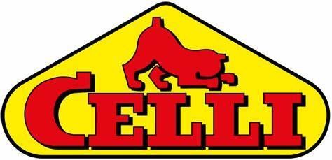 Logo per CELLI. Testo rosso, sfondo giallo, bordo nero, con la sagoma di un cane rosso.