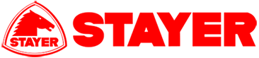 Logo rosso "STAYER" con una testa di cavallo in un emblema triangolare.