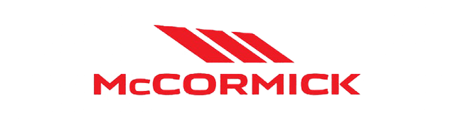Logo McCormick, linee rosse oblique sopra il nome del marchio in lettere rosse.