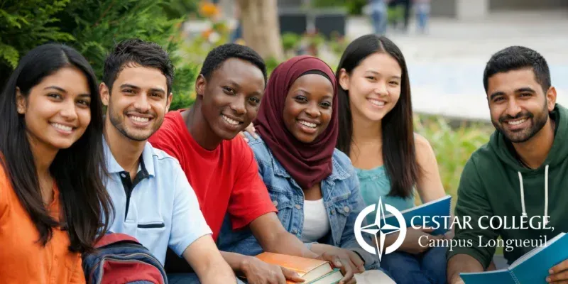 Des étudiants souriants à l'extérieur sur le campus, avec le logo du CESTAR College dans un coin