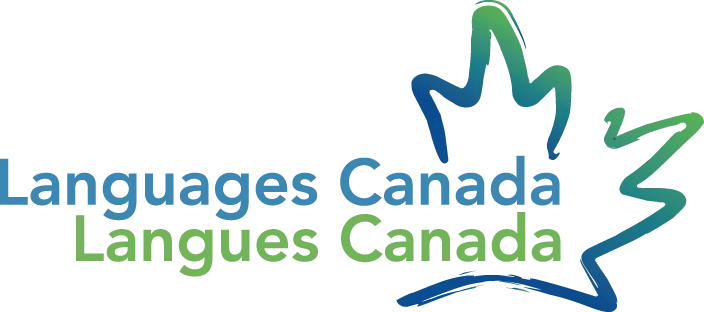 Logo de Langues Canada avec contour de feuille bleue et verte et texte bilingue