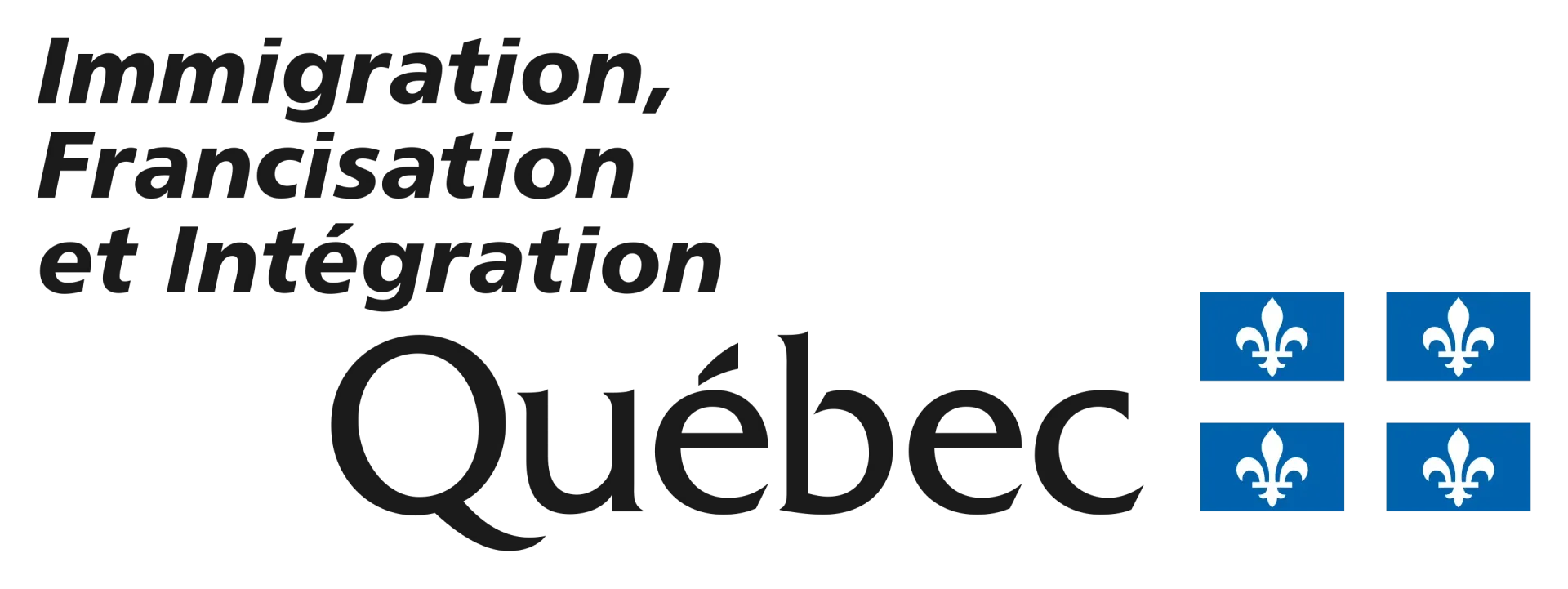 Québec government logo with “Immigration, Francisation et Intégration” text and blue Quebec flags