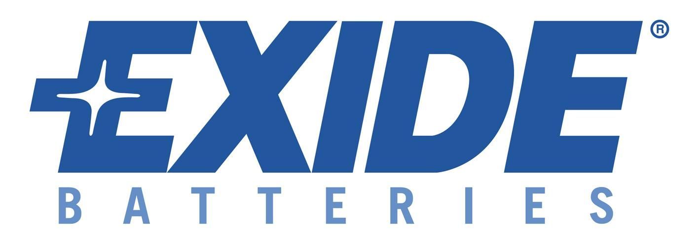 The blue logo for exide batteries is on a white background.