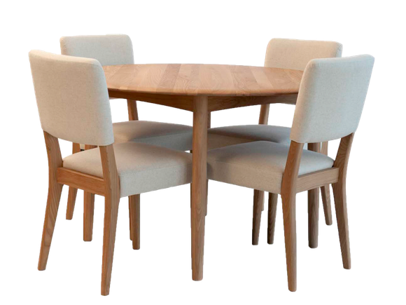A wooden dining table with four chairs on a white background
