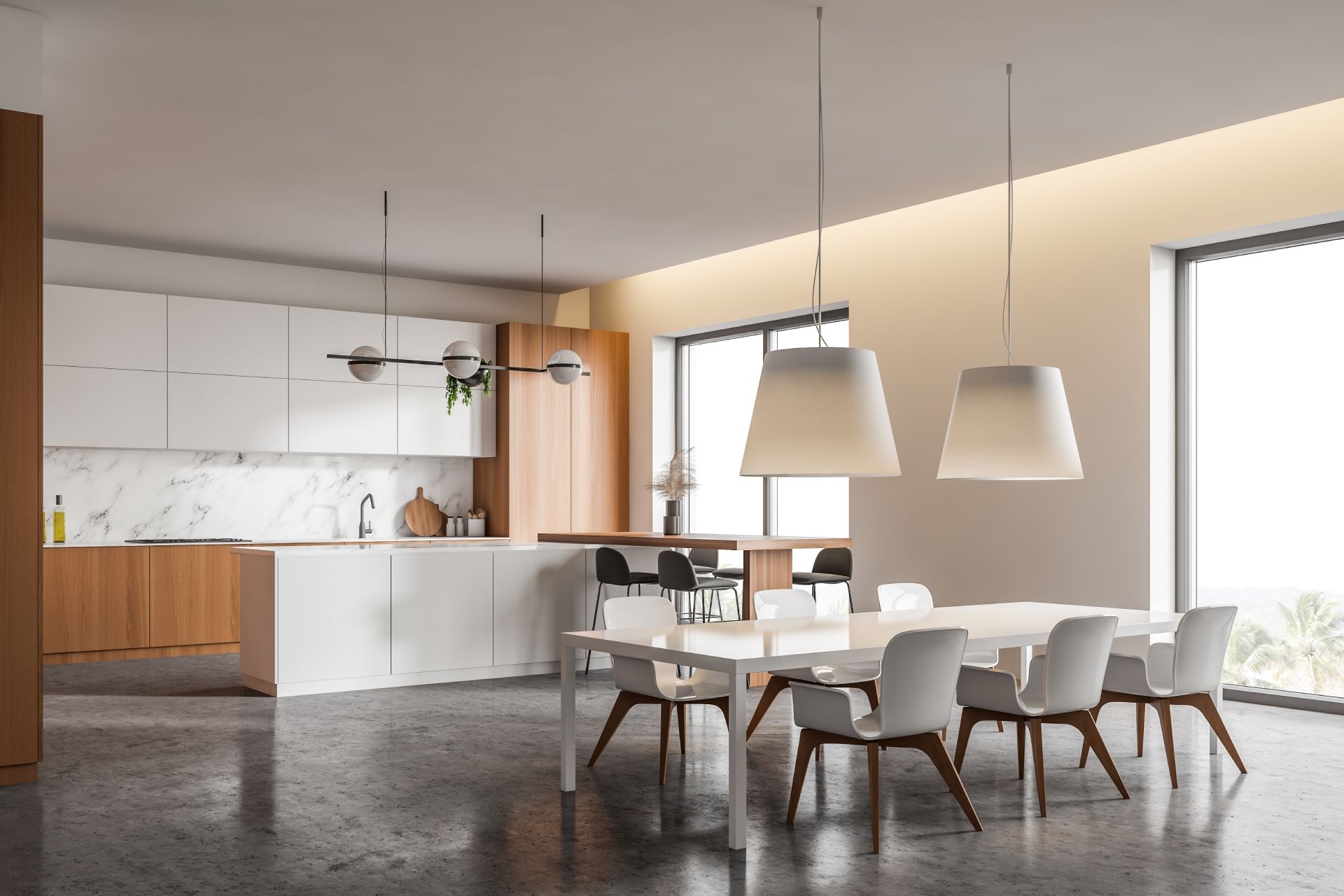 A kitchen with a dining table and chairs and a large window.