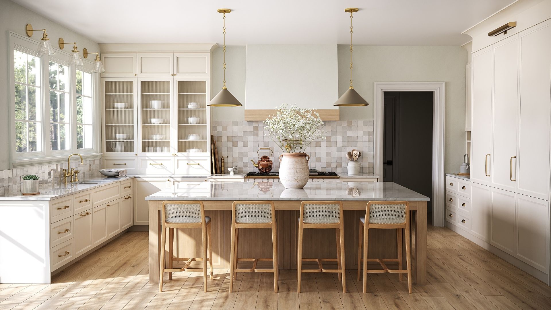 A kitchen with white cabinets , wooden floors , and a large island.