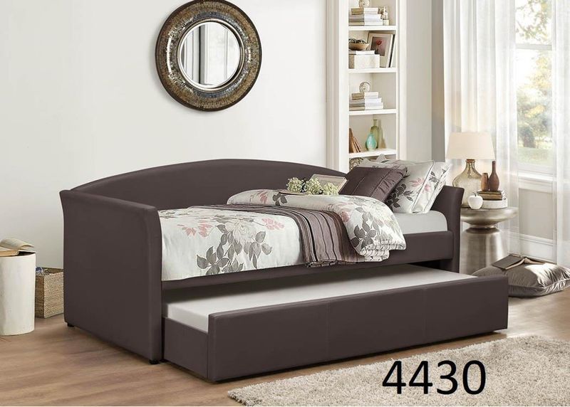 A day bed with a pull out bed underneath it in a bedroom.