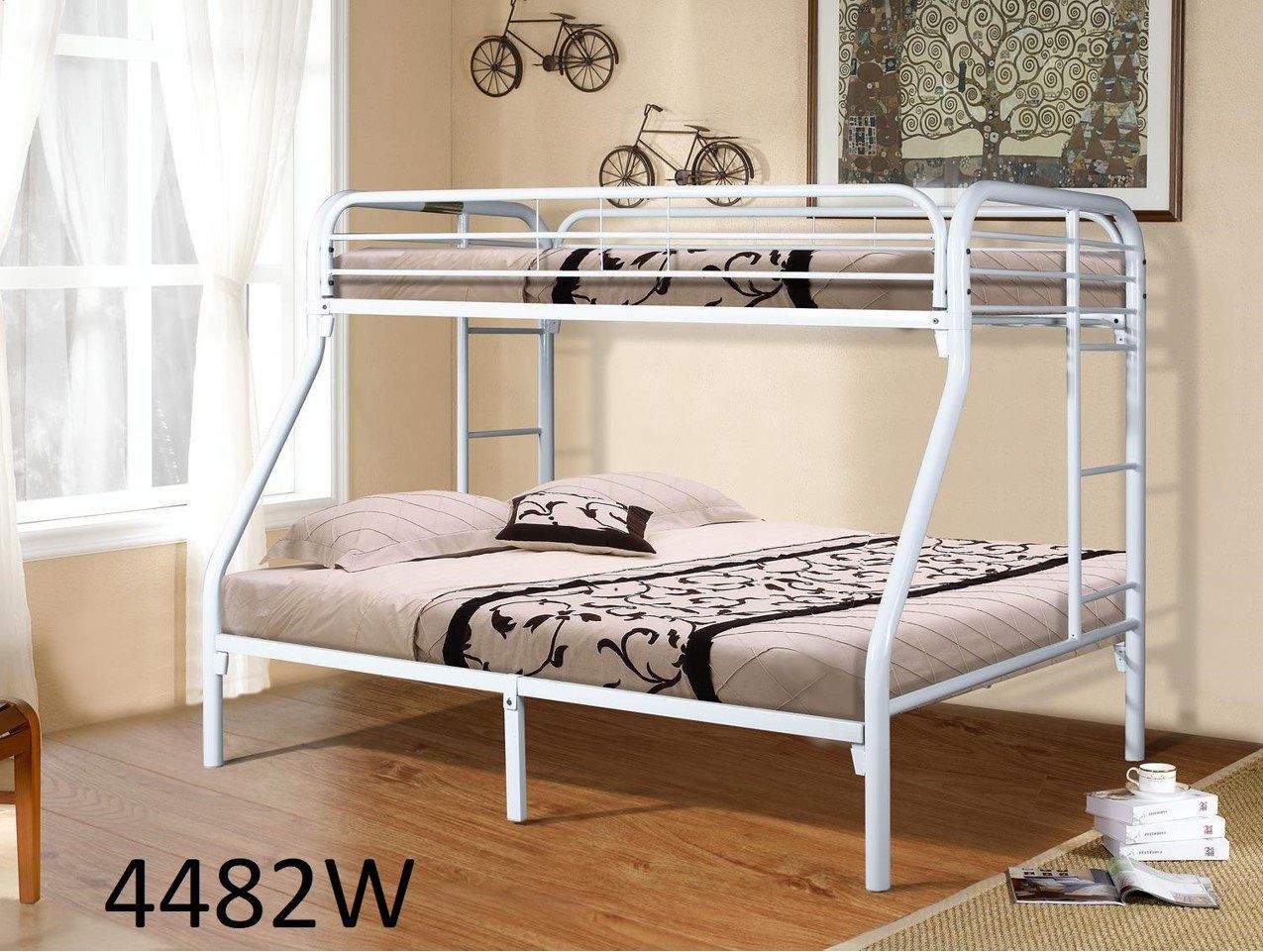 A white bunk bed is sitting in a room next to a window.