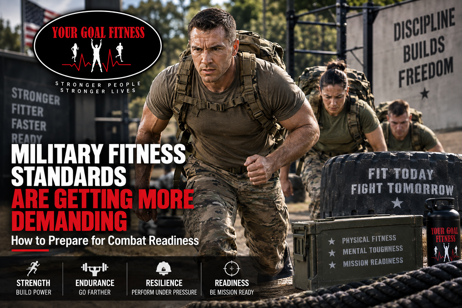 Military obstacle course with muddy athletes, barbed wire, and text promoting combat readiness and discipline