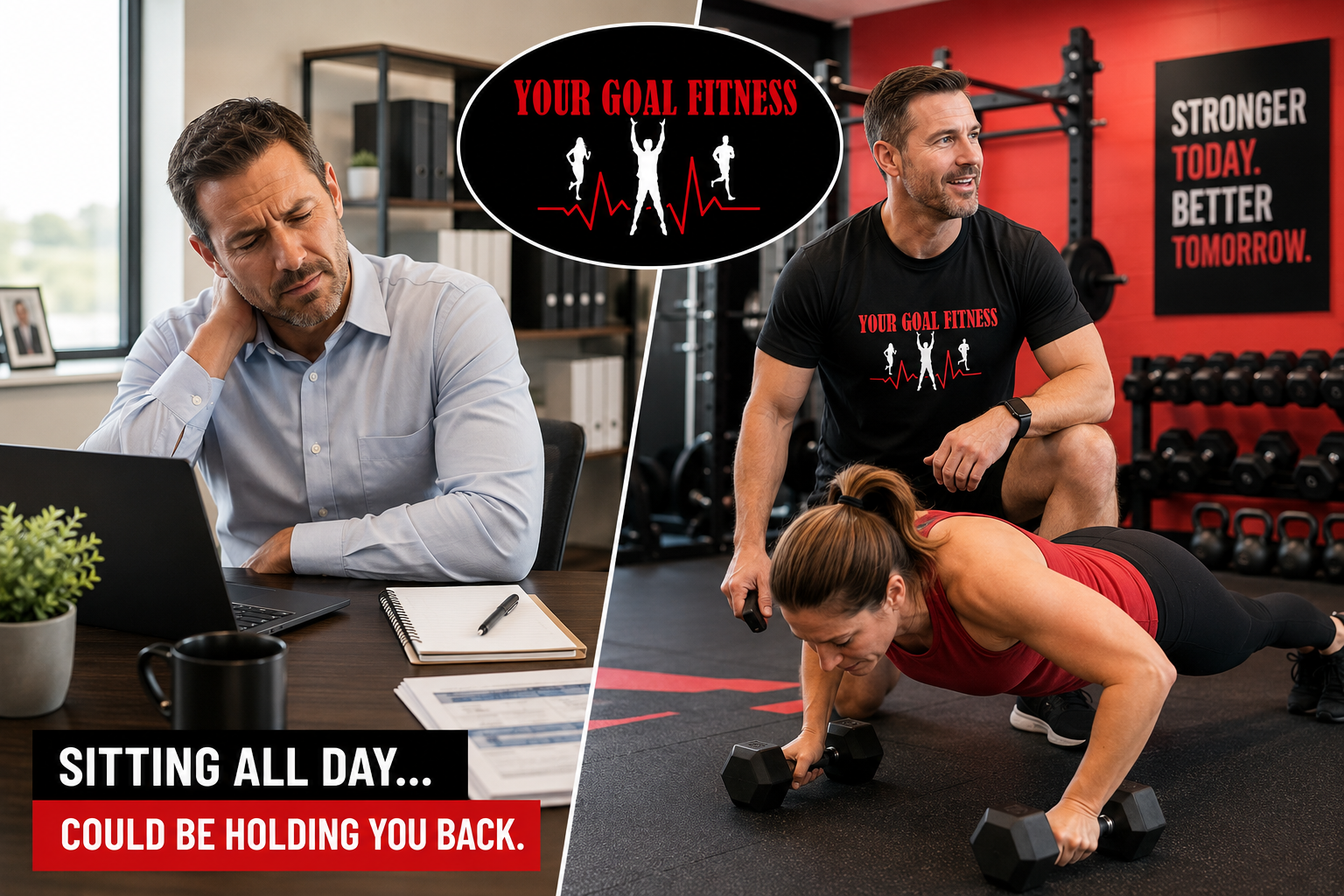 Split fitness ad: tired man at laptop vs man training with coach in gym, with bold motivational text.