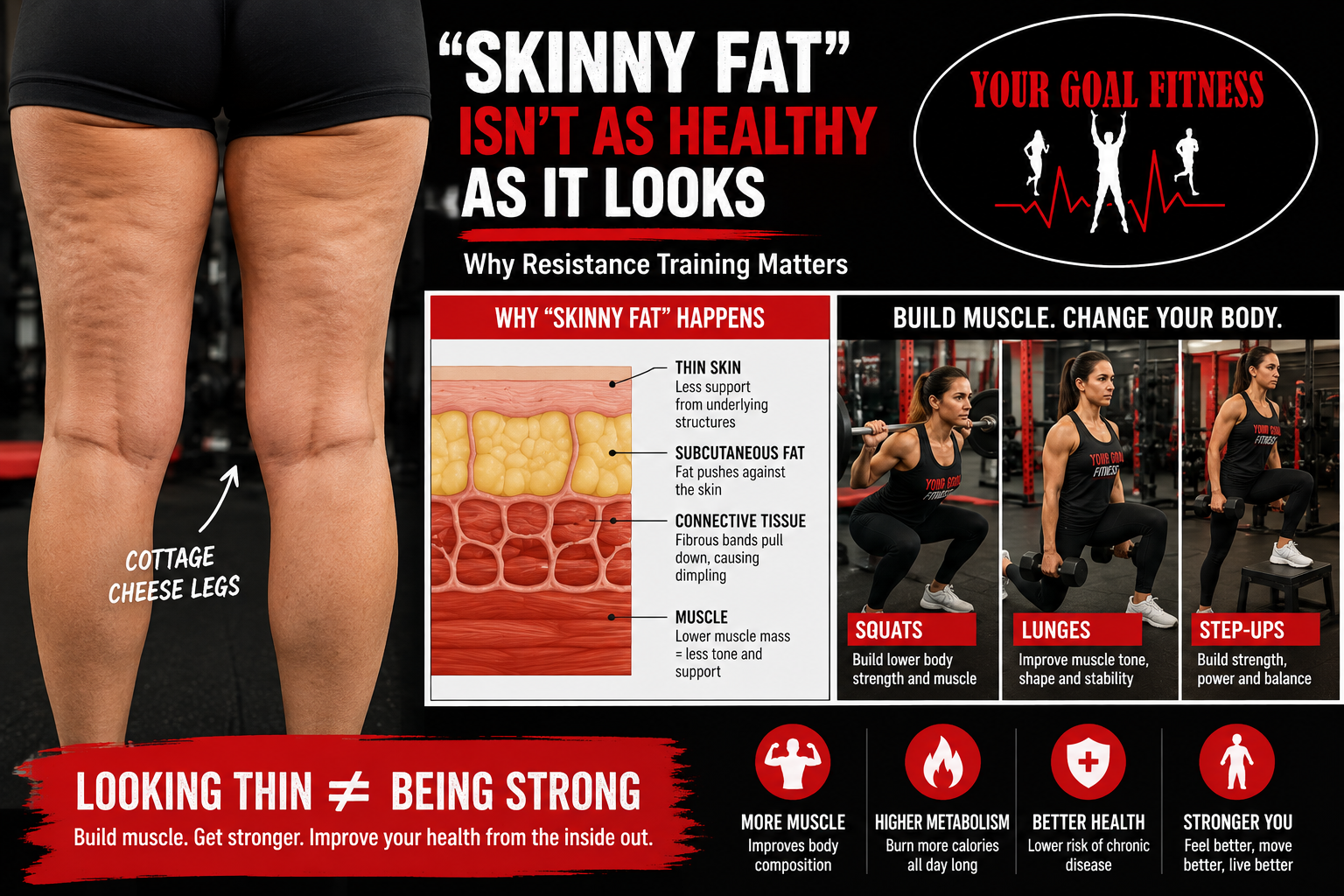 Poster comparing skinny fat legs to healthy legs with text about looking thin vs being strong