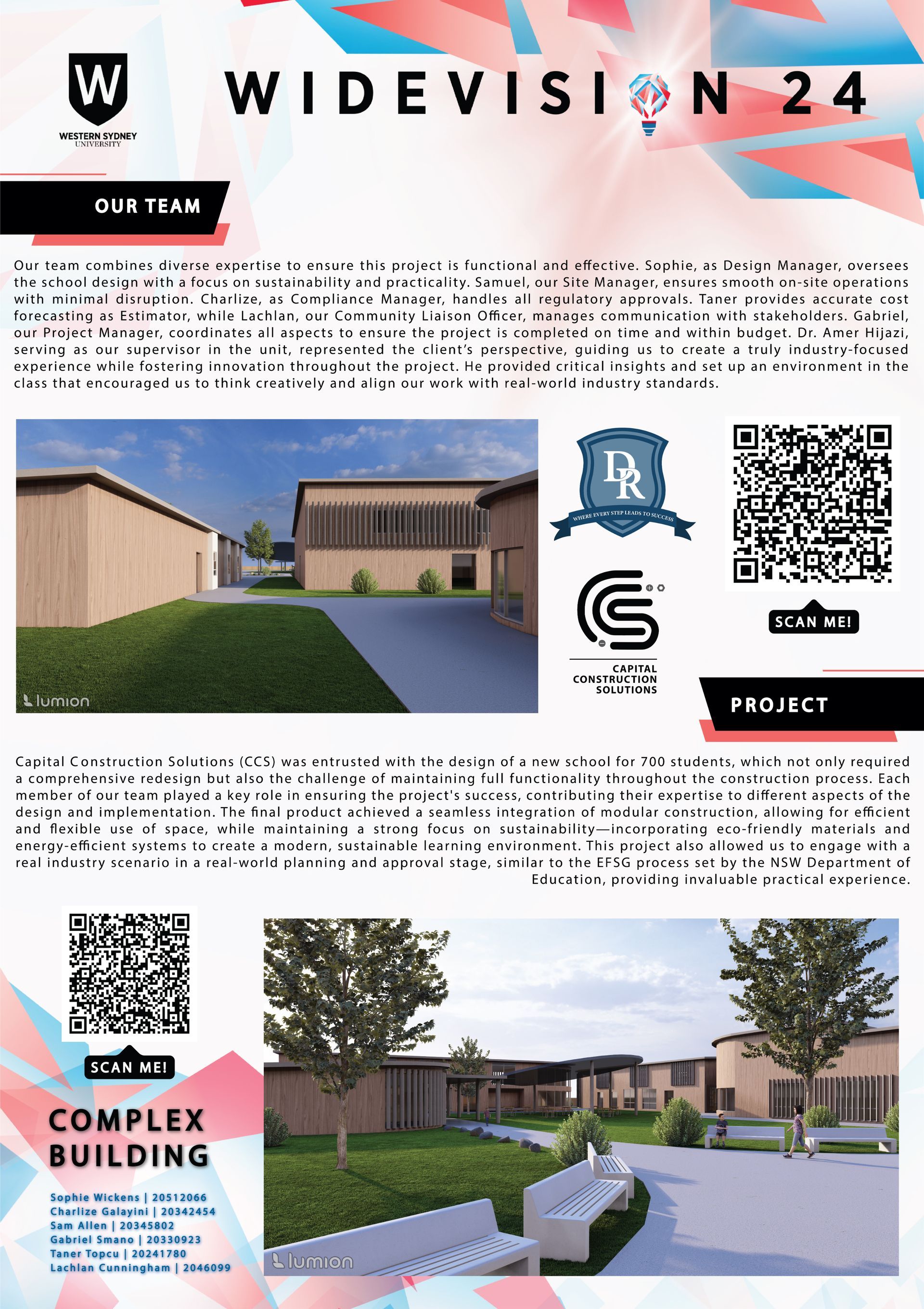 A poster for a complex building with a qr code on it.