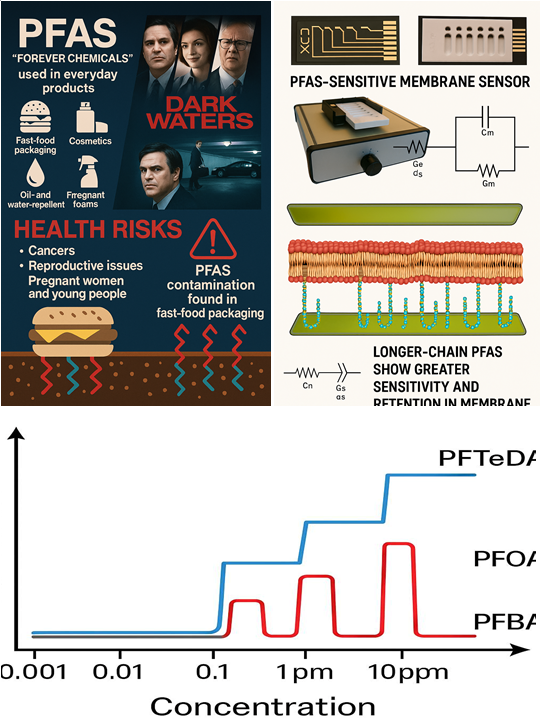 Guiwen SuiProject Pitch (Supervised by Dr. Mariam Darestani, in collaboration with Surgical Diagnostics Pty Ltd) PFAS, or “forever chemicals,” are used in everyday products from food packaging to cosmetics and firefighting foams due to their water- and oil-repellent properties. Our investigation found that common fast-food packaging, such as burger wrappers, often contains PFAS. These chemicals accumulate in the environment and can cause serious health risks, including cancers and reproductive issues, particularly for pregnant women and young people. With global regulations tightening, such as the US EPA’s stricter 2024 standards, understanding and monitoring PFAS is urgent. This project included extensive background research on PFAS’ properties, toxicity, industrial use, global regulations, and current sensors. Using Electrochemical Impedance Spectroscopy (EIS), we studied how PFAS of different chain lengths and functional groups affect lipid bilayers, models of cell membranes, revealing toxicity differences and possible mechanisms. We also developed a prototype PFAS-sensitive membrane sensor. The sensor exhibits different electrochemical responses depending on the chain length and functional group of PFAS, demonstrating the potential of membrane-based electrochemical sensors for efficient PFAS detection. This work improves understanding of PFAS toxicity and highlights promising approaches for practical, faster, and cost-effective environmental monitoring.