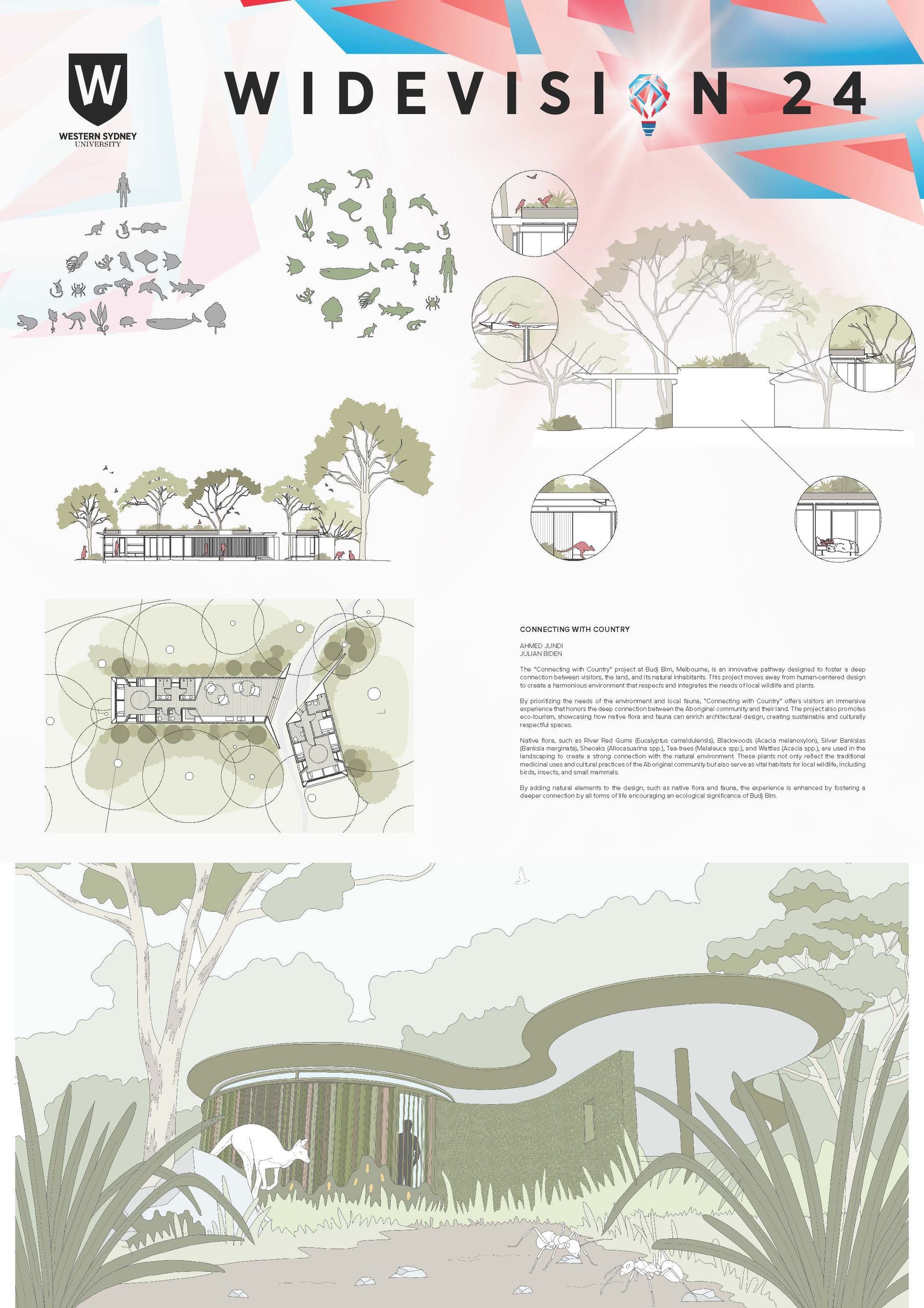 A poster with a drawing of a house and trees on it.