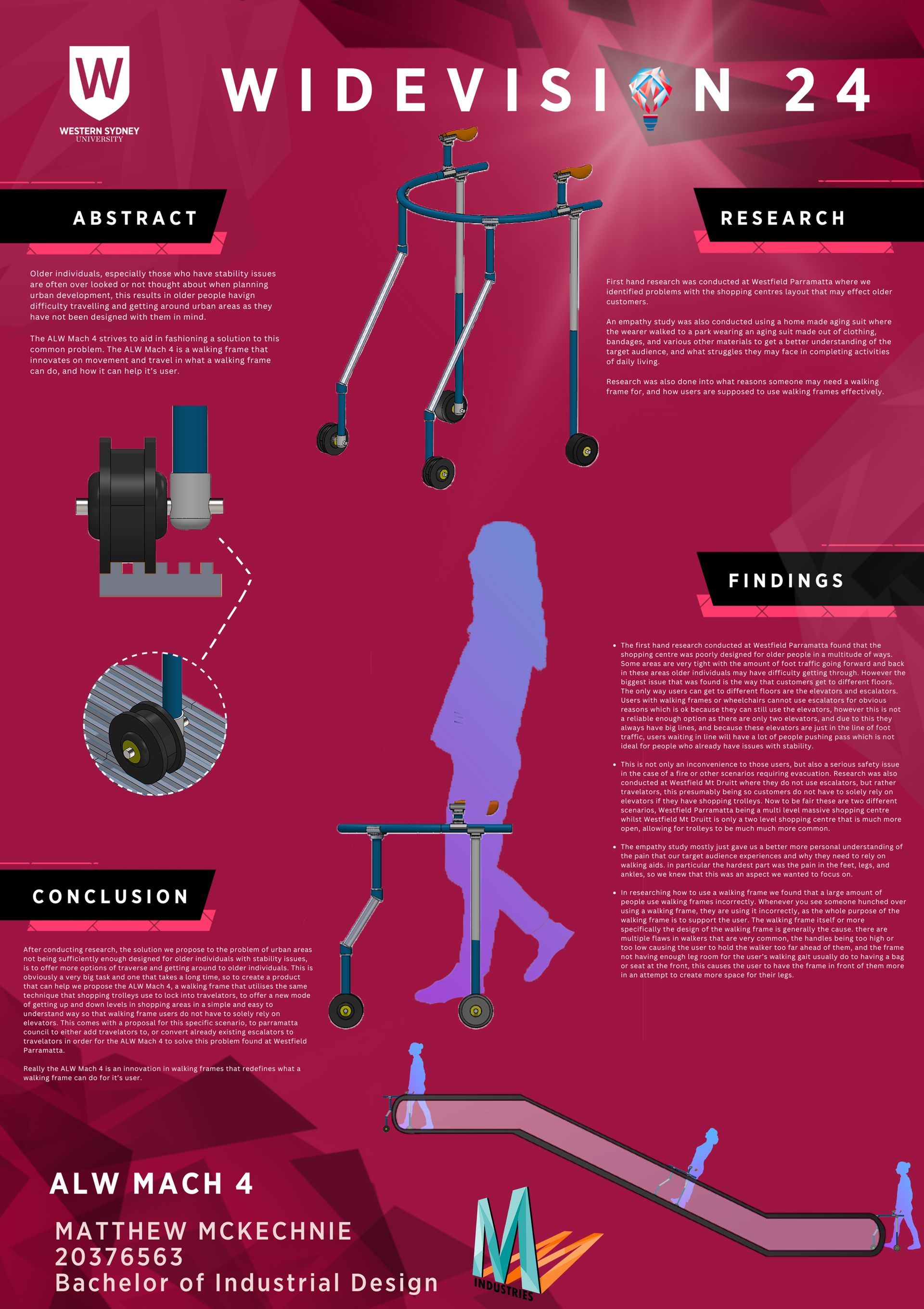 A poster showing a woman using a walker on a red background