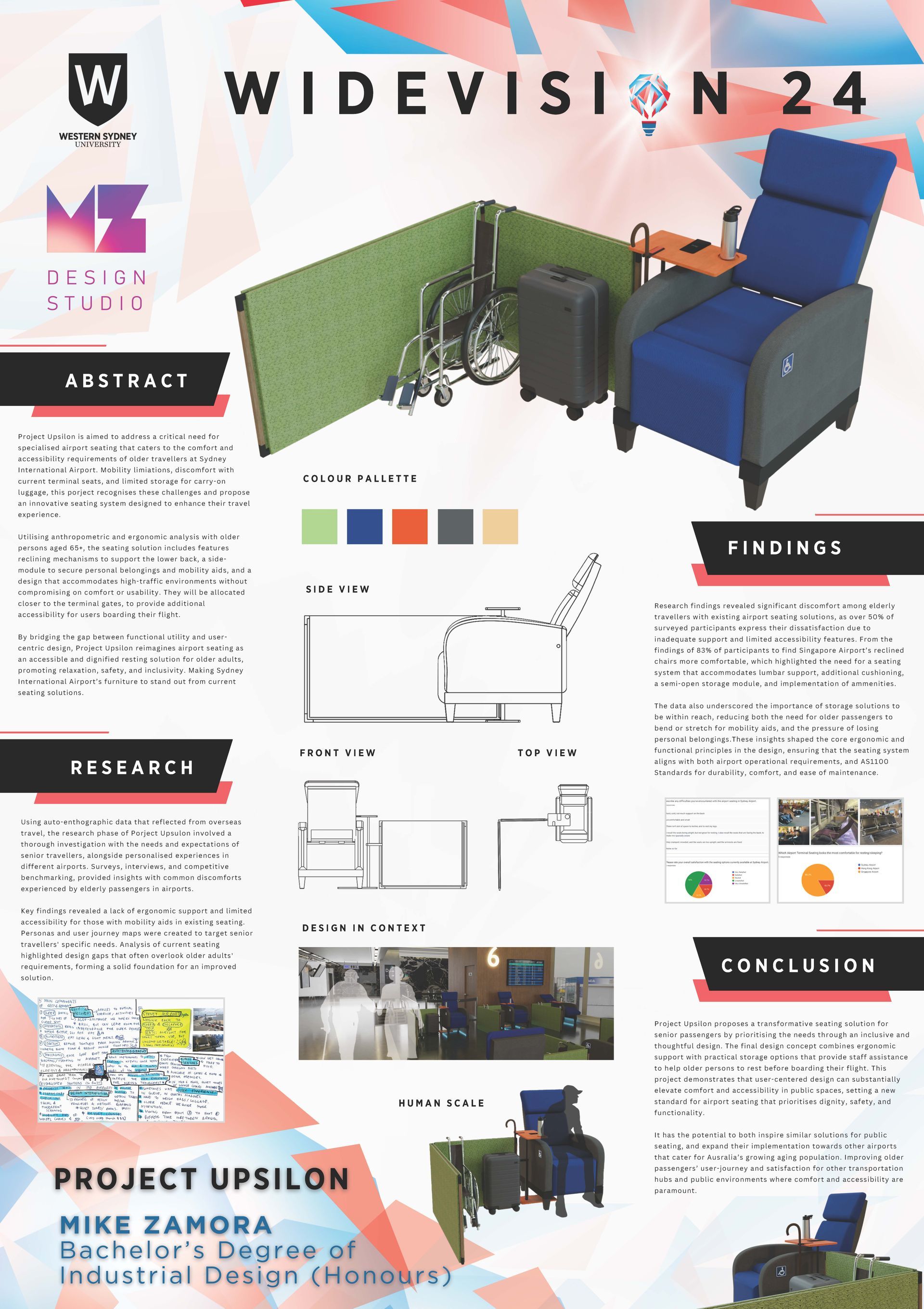 A poster of a chair and a wheelchair on a pink and blue background.