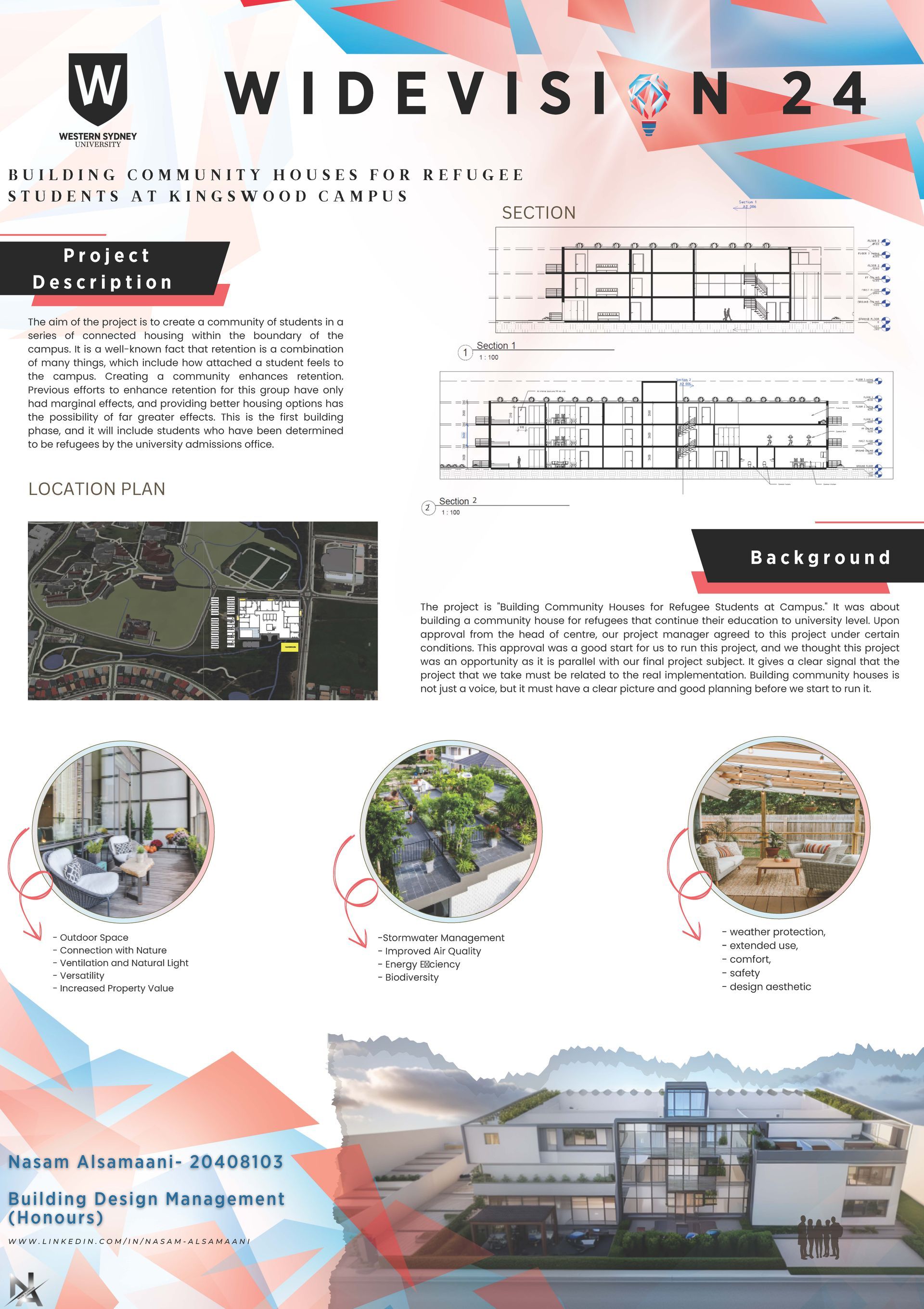 A poster with a picture of a building and a drawing of a building.
