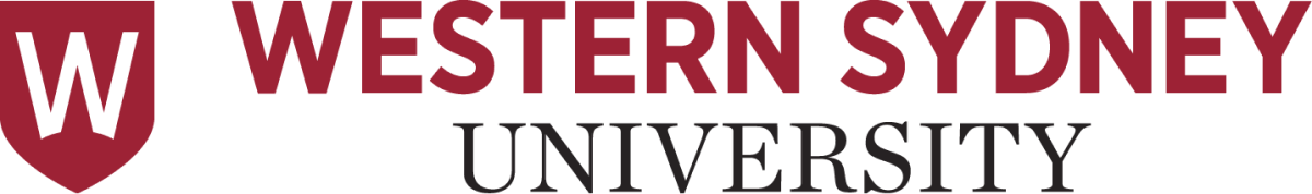 Logo for Western Sydney University, featuring a red shield with a white “W” and the university name.