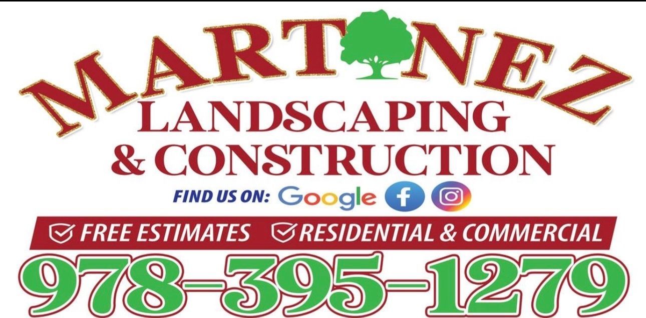 Martinez Landscaping & Construction logo with services, phone number 978-395-1279, and Google/Facebook icons