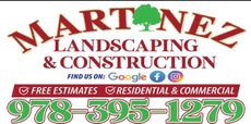 Martinez Landscaping & Construction logo with services, phone number 978-395-1279, and Google/Facebook icons
