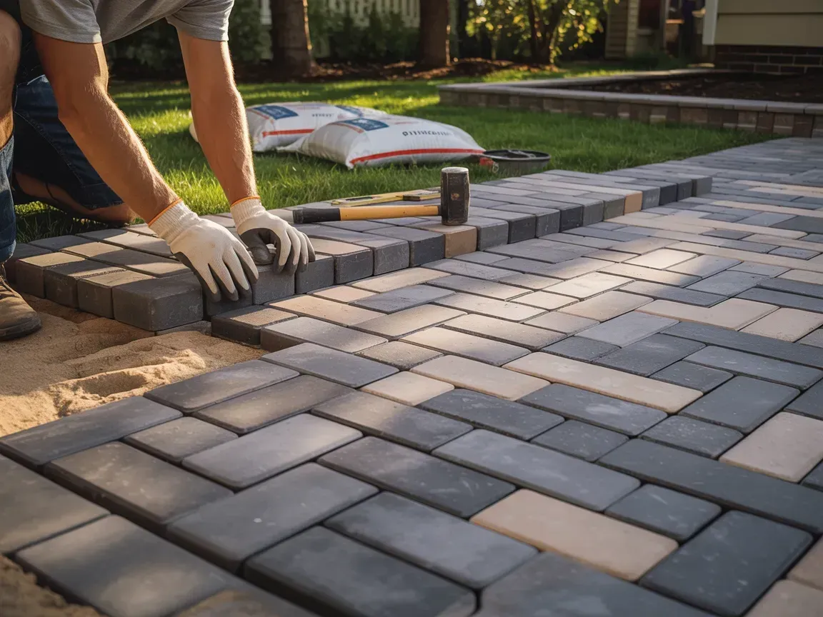 Worker laying gray pavers on a patio with gloved hands and a mallet nearby