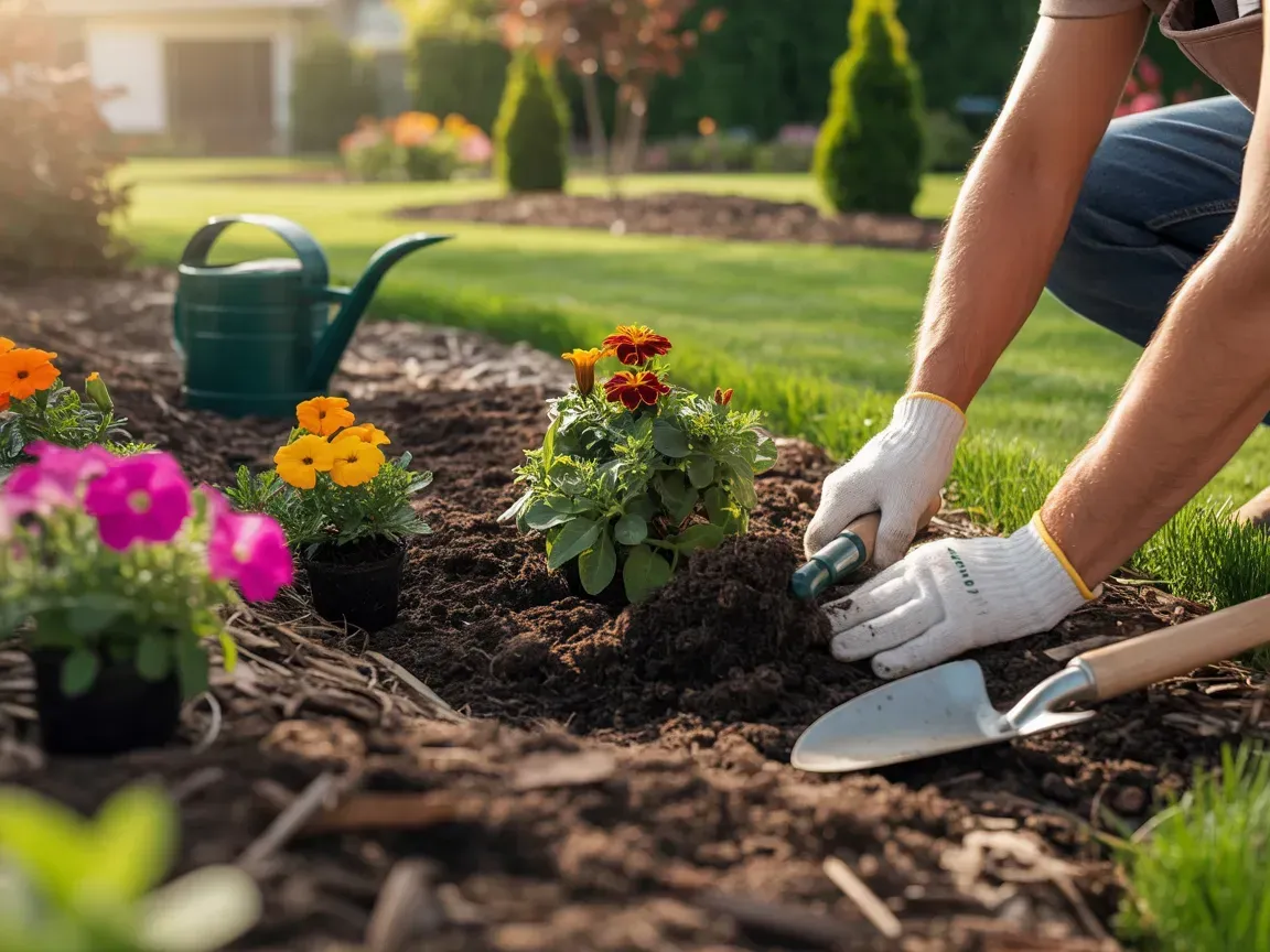 Gloved hands planting flowers in a garden bed beside a green watering can
