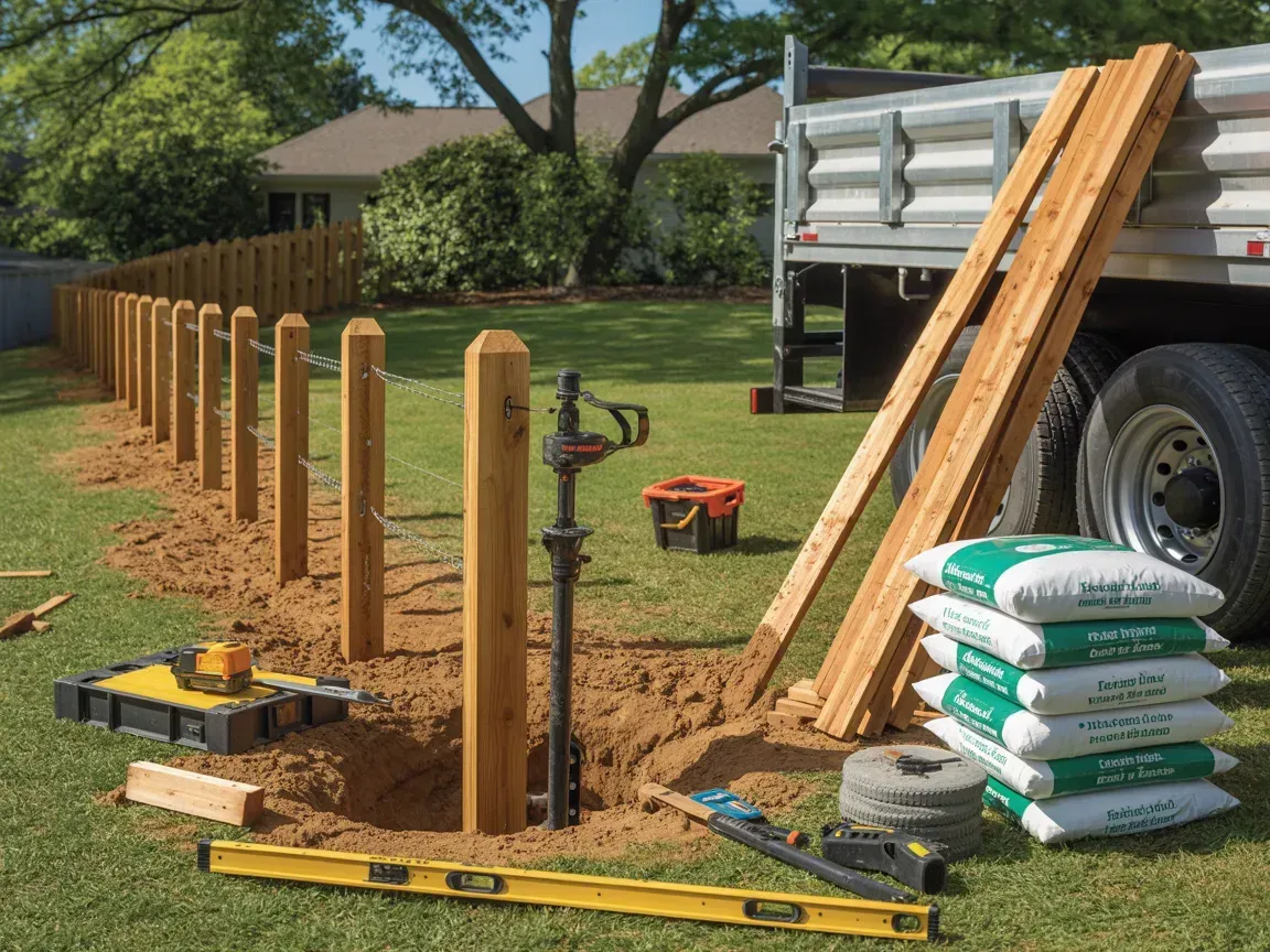 Workers installing a wooden fence beside a truck, tools, and stacked bags of concrete mix in a yard