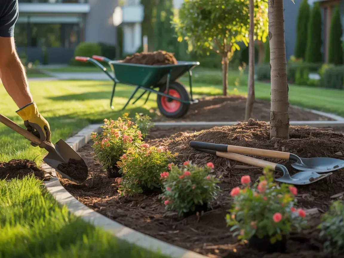 Gardener planting flowers in a landscaped garden with a wheelbarrow and tools nearby