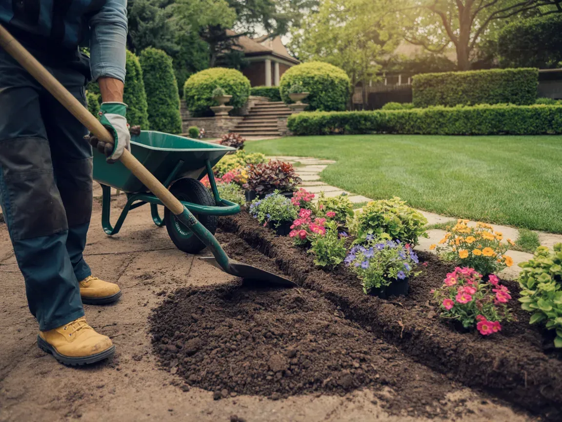 Gardener pushing a wheelbarrow while edging a flower bed beside a manicured lawn and blooming border