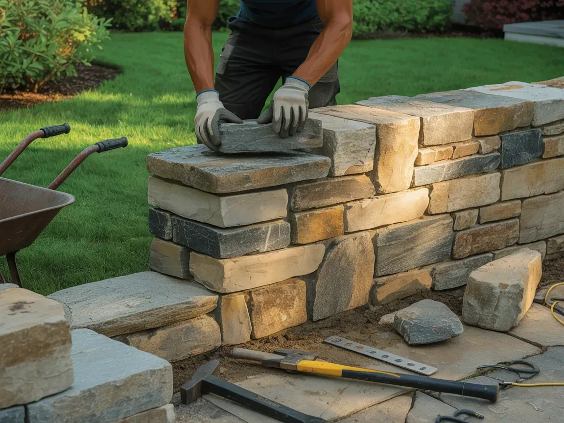 Worker stacking stone blocks on a low wall in a garden, with tools on the ground nearby.