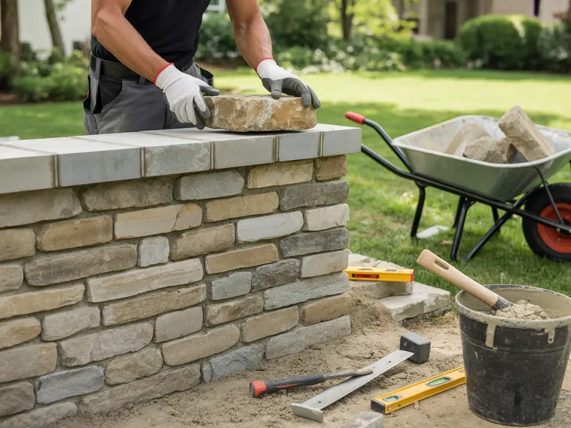 Person laying stone blocks for a low garden wall beside a wheelbarrow and masonry tools.