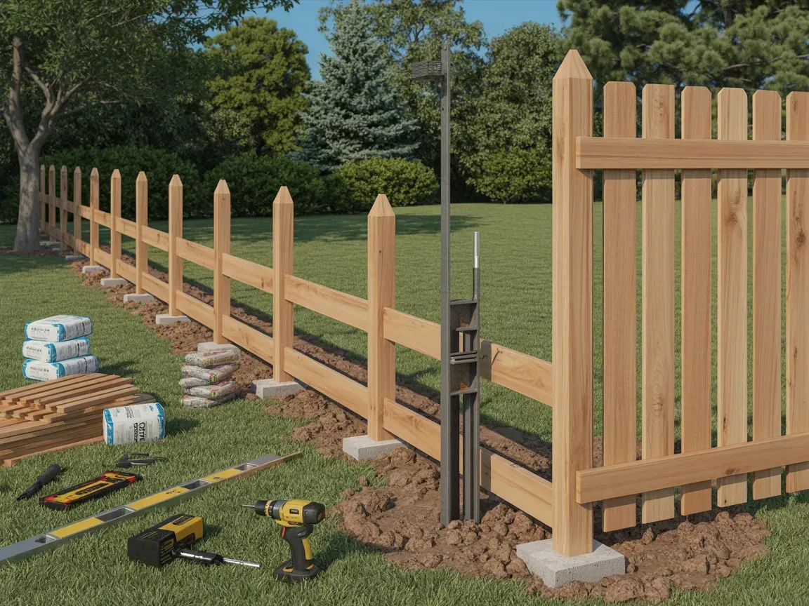 Wooden fence under construction with posts, rails, tools, and stacked materials in a yard