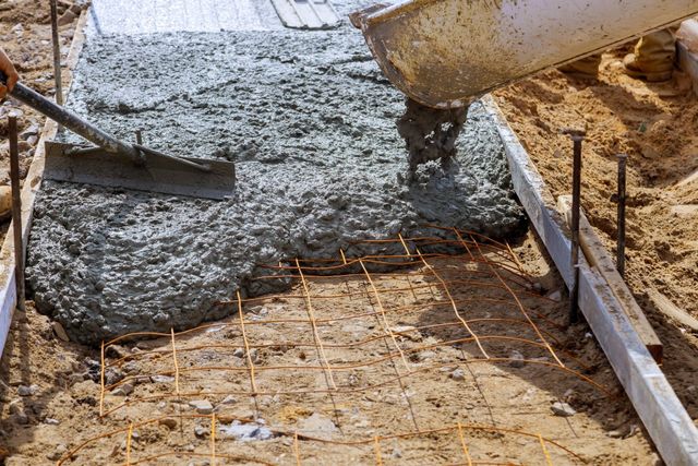 Our contractors pouring concrete for a pool deck installation