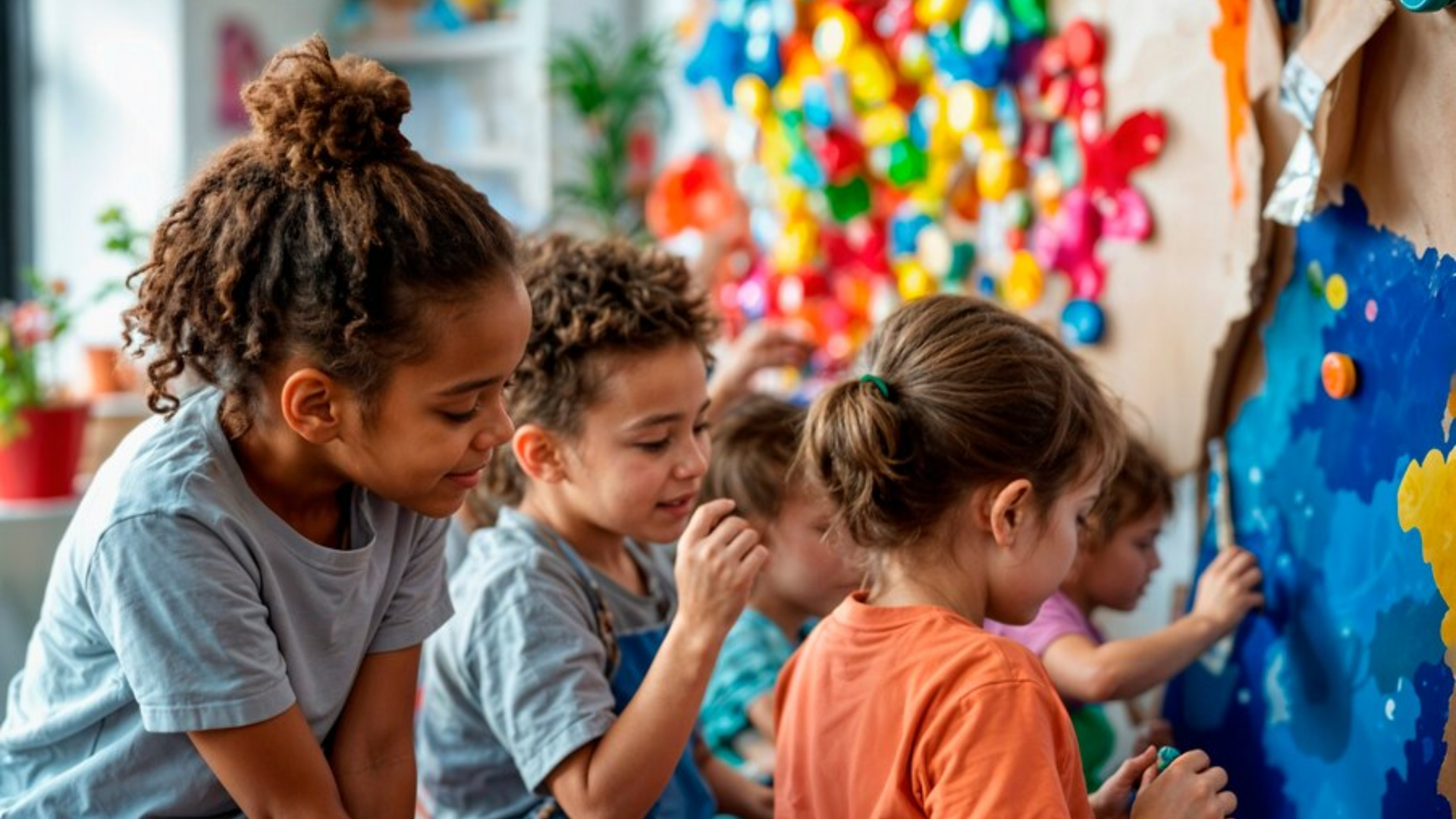 Children painting on a large blue canvas in a colorful classroom.