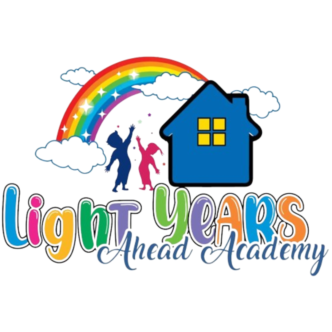 Logo: Rainbow, children reaching toward house,