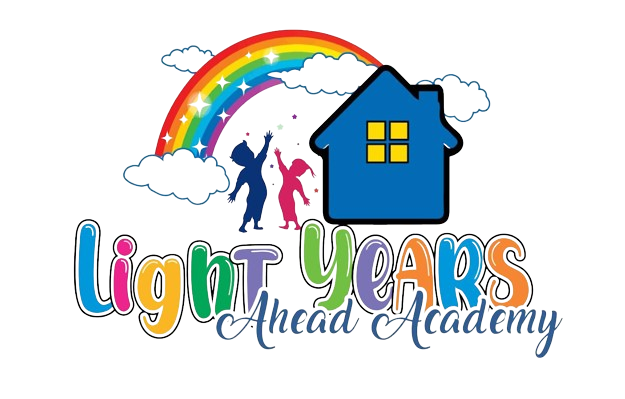 Logo: Rainbow, house, children reaching up,