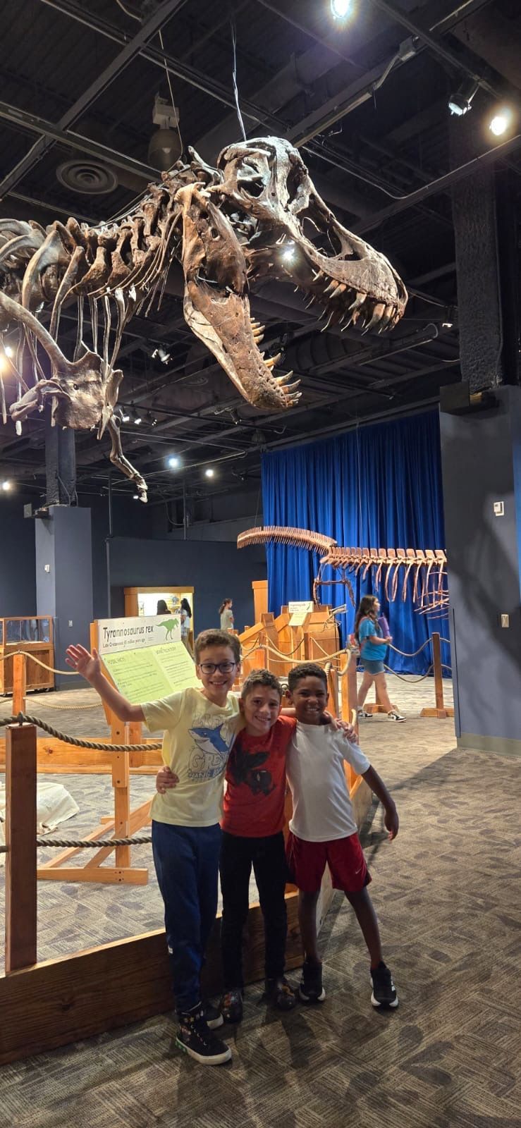 Three young boys are posing for a picture in front of a dinosaur skeleton.