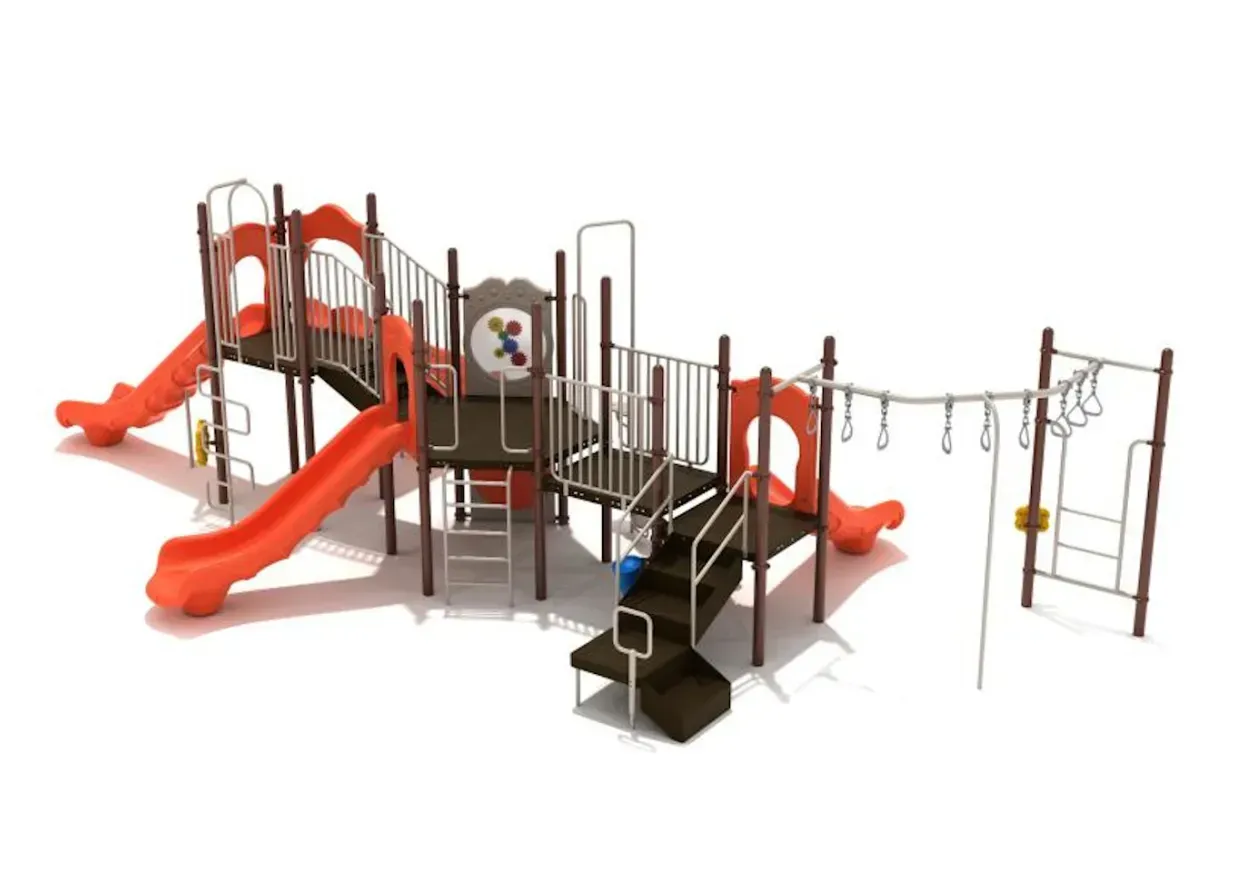 Playground climbing structure with red slides, ladders, and rope bridge on a white background