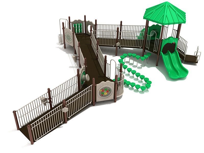 Playground with ramps, slides, and climbing features. Green, brown, and tan.