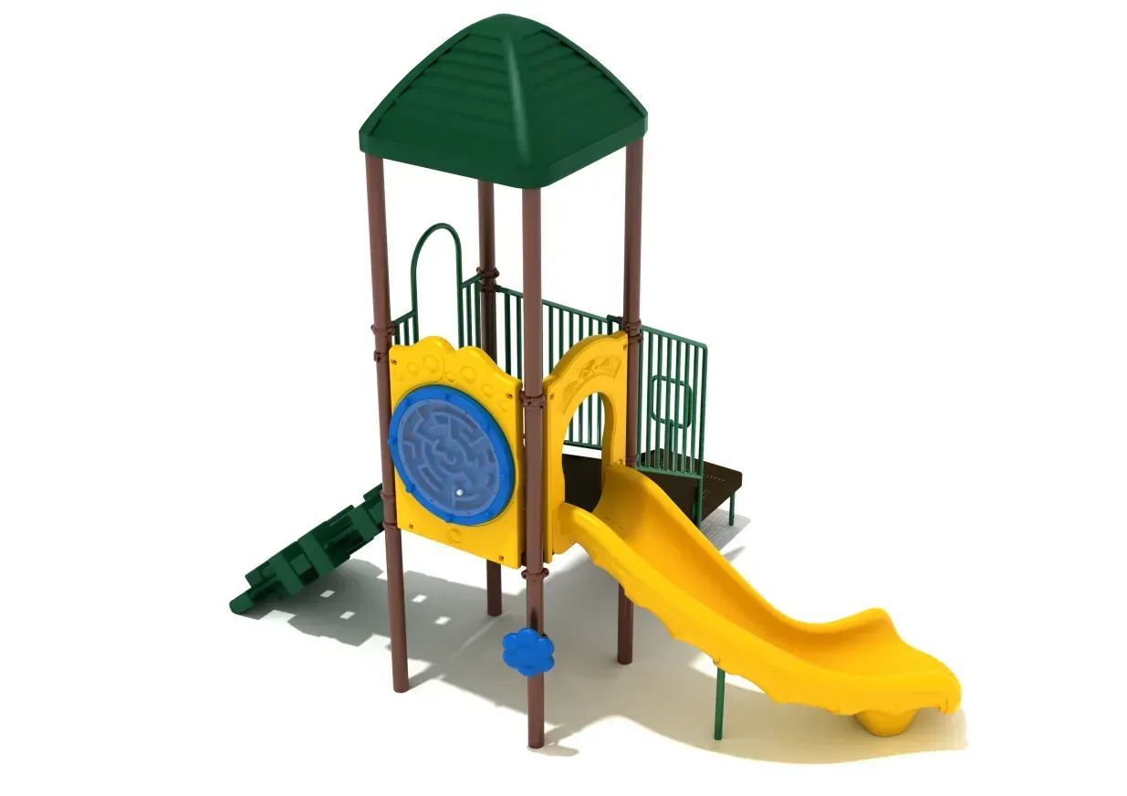 Children’s playground set with yellow slide, green roof, and climbing panels