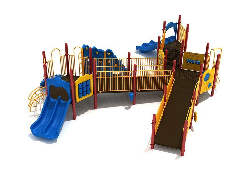 Playground structure with blue slides, yellow and red accents, and fencing.