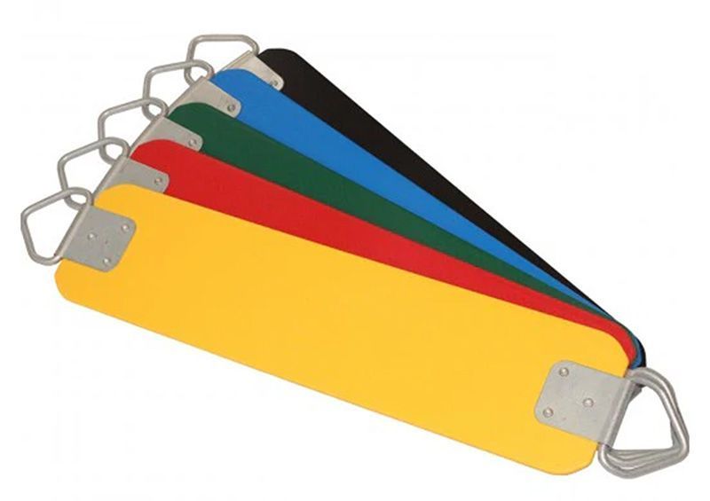 Colorful playground swing seats, yellow, red, green, blue, and black, with metal hangers.
