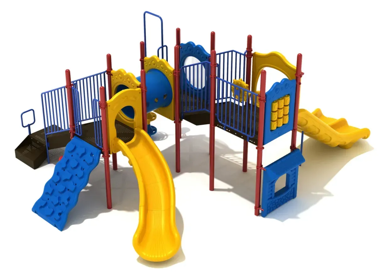 Colorful children’s playground with slides, climbing walls, tunnels, and activity panels