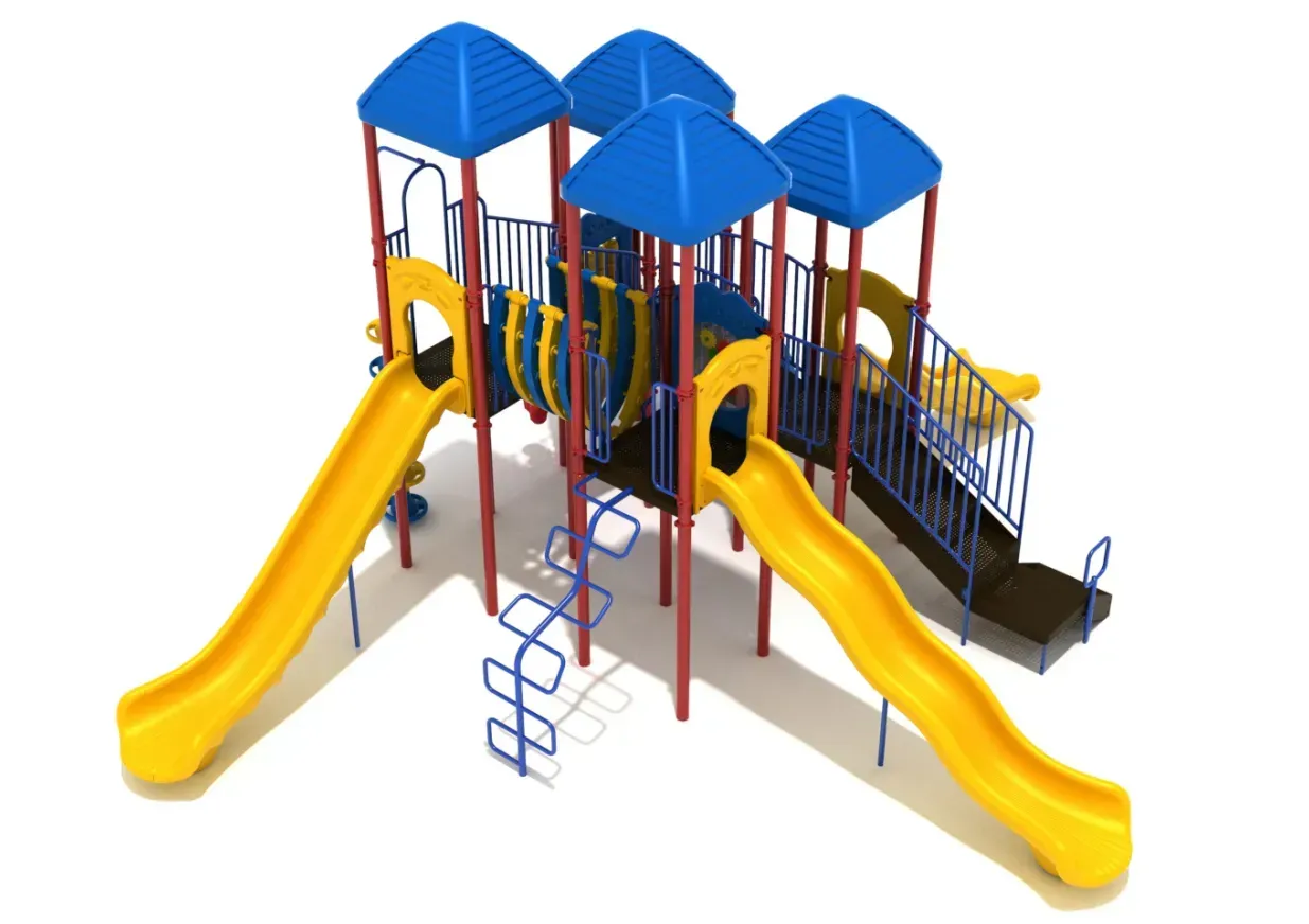 Colorful playground structure with yellow slides, blue roofs, and climbing bars