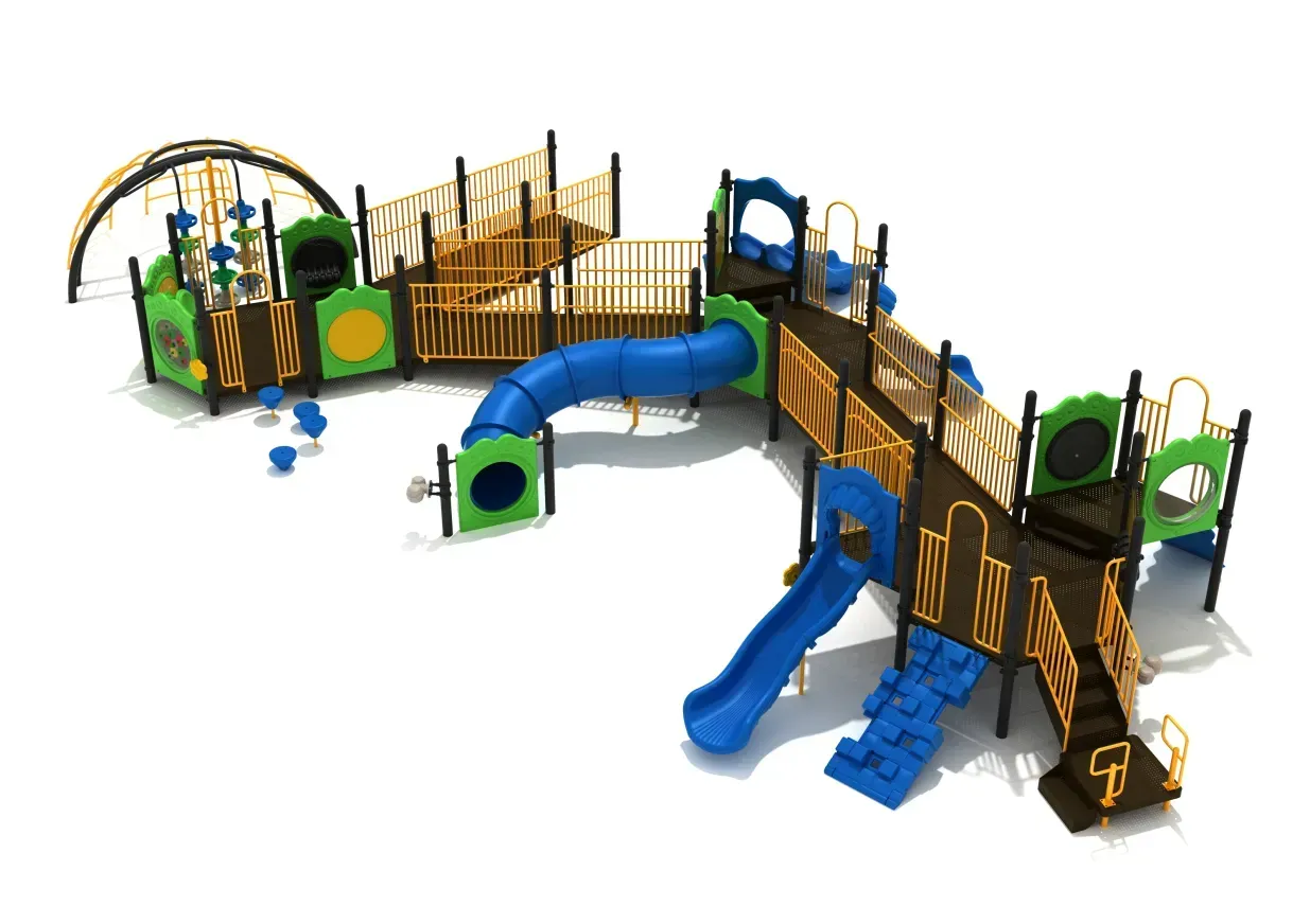 Colorful modular playground with slides, climbing walls, bridges, and tunnels on a white background